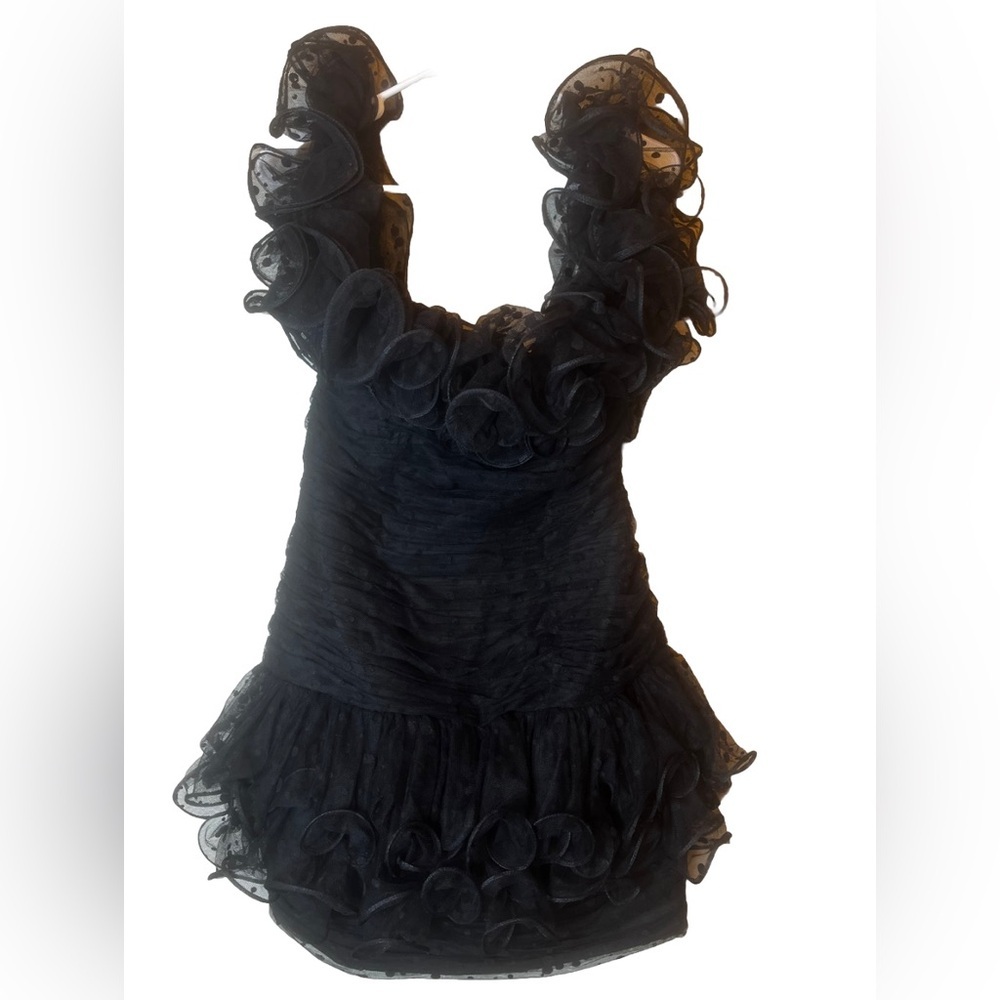 Vintage Sherri Hill Boned Off the Shoulder Ruffle‎ Tulle Mini Dress Size 12